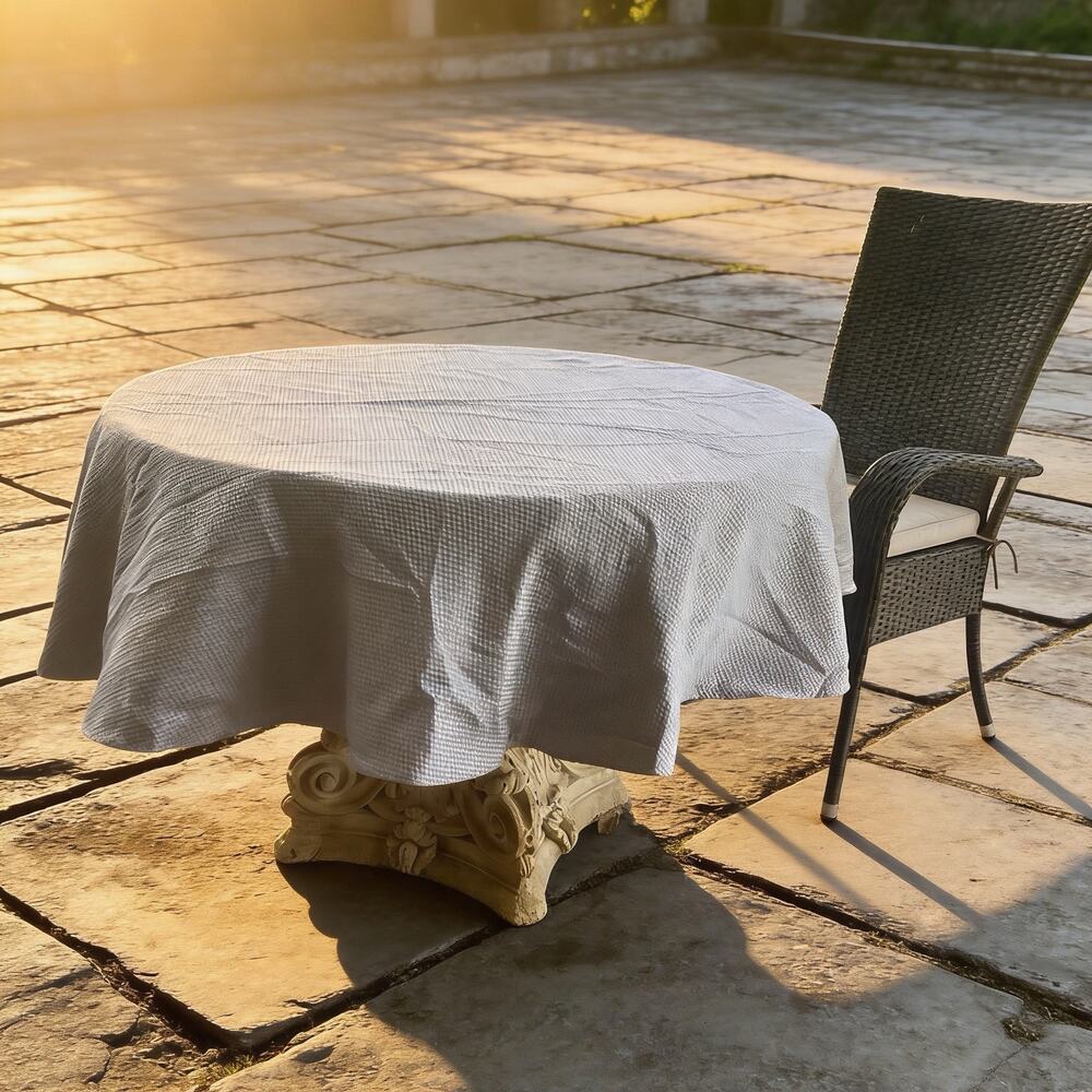Silver Checkered Round Tablecloth